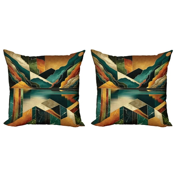 Ambesonne Mid Century Modern Throw Pillow Cover 2 Pack, Lake Mountains, 24", Ginger Dark Teal