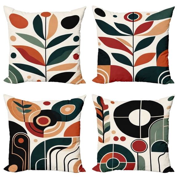 Ambesonne Mid Century Modern Throw Pillow Cover 4 Pack, Abstract Botany, 20", Orange Green Black