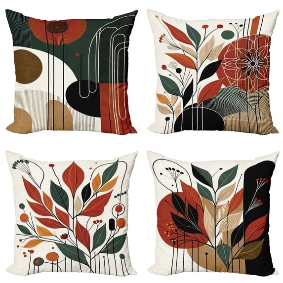 Ambesonne Mid Century Modern Throw Pillow Cover 4 Pack, Botanical Boho, 24", Burnt Orange Green