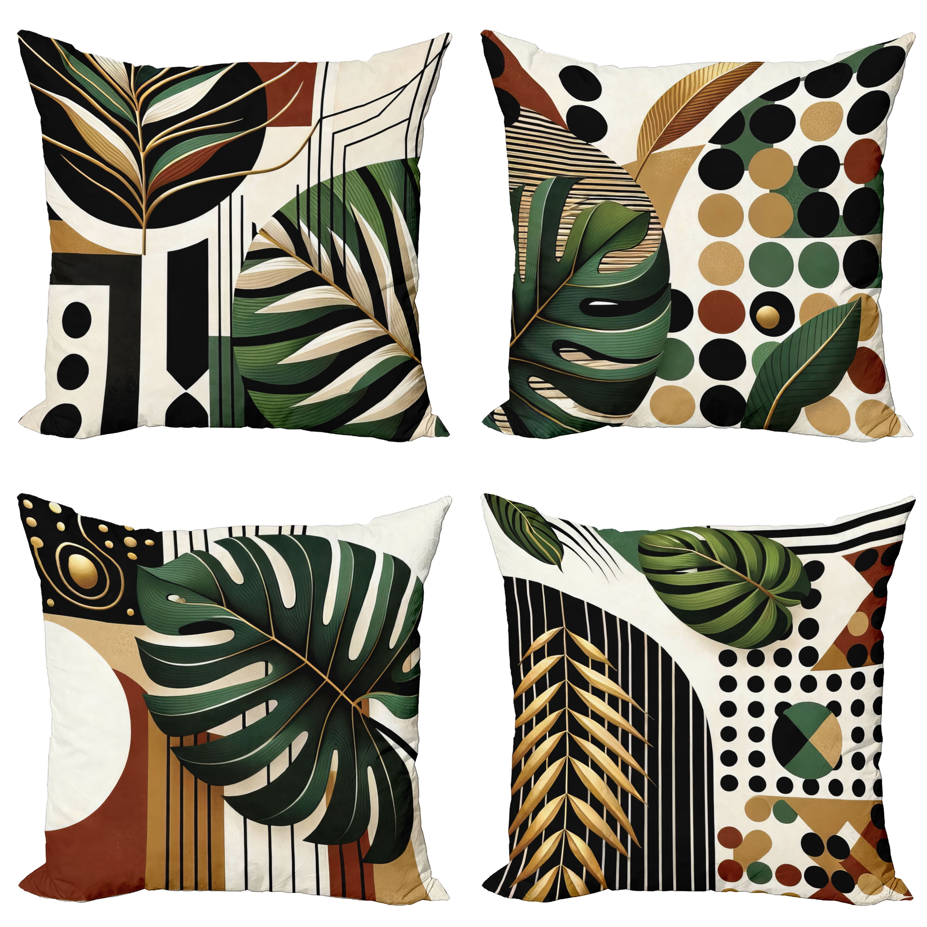 Mid Century Modern Green Rust Camel Monstera Pillow Covers Set