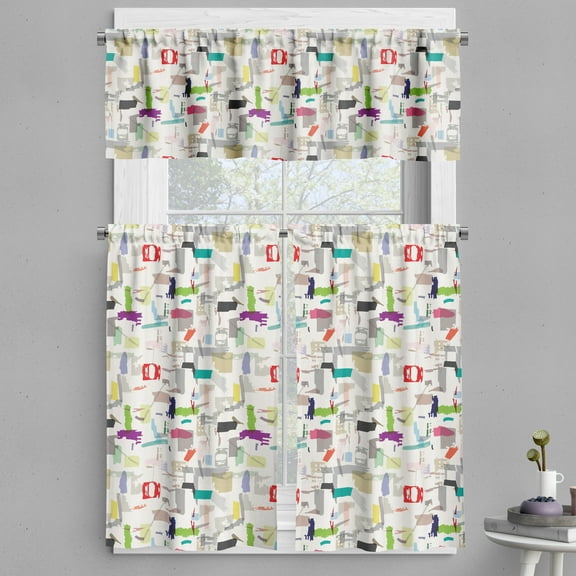 Ambesonne Mid-Century Modern Valance & Curtain, Quirky Strokes, 55"x30", Off White and Multicolor
