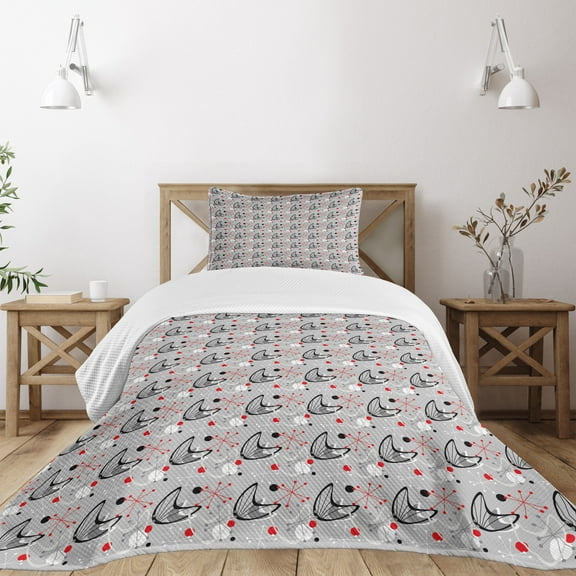 Ambesonne Mid Century Quilted Bedspread Set 2 Pcs, Atomic 50s Design, Twin Size, Black Grey and Red