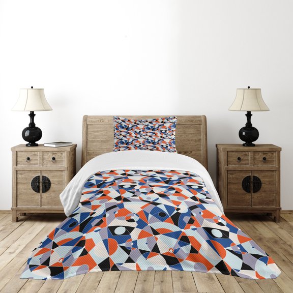 Ambesonne Mid Century Quilted Bedspread Set 2 Pcs, Colors Shapes Grid, Twin Size, Multicolor