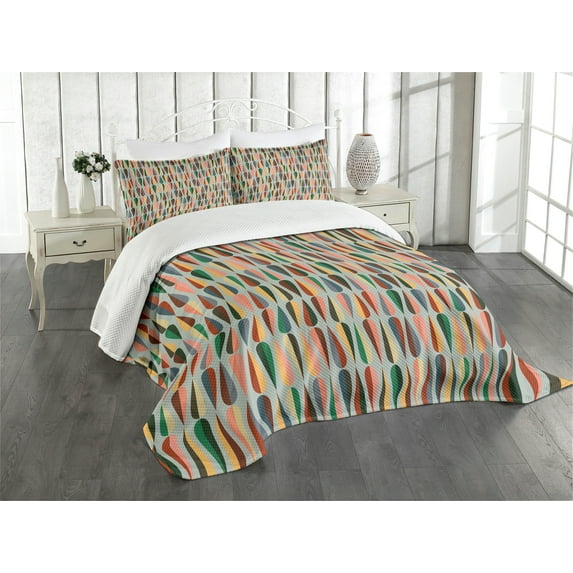 Ambesonne Mid Century Quilted Bedspread Set 3 Pcs, 2 Color Droplets, King Size, Multicolor