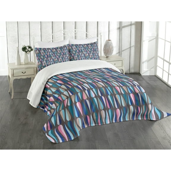 Ambesonne Mid Century Quilted Bedspread Set 3 Pcs, Colored Drop Shapes, Queen Size, Multicolor