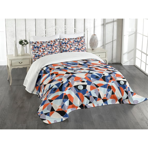 Ambesonne Mid Century Quilted Bedspread Set 3 Pcs, Colors Shapes Grid, King Size, Multicolor