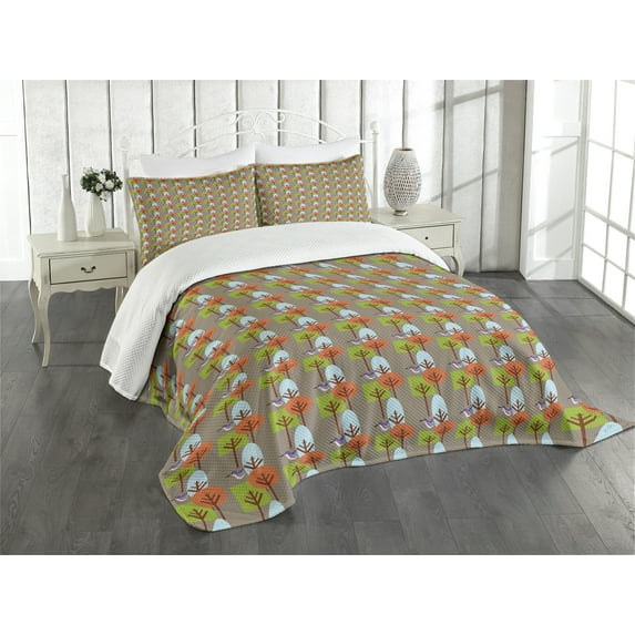 Ambesonne Mid Century Quilted Bedspread Set 3 Pcs, Modern Nature Art, King Size, Multicolor