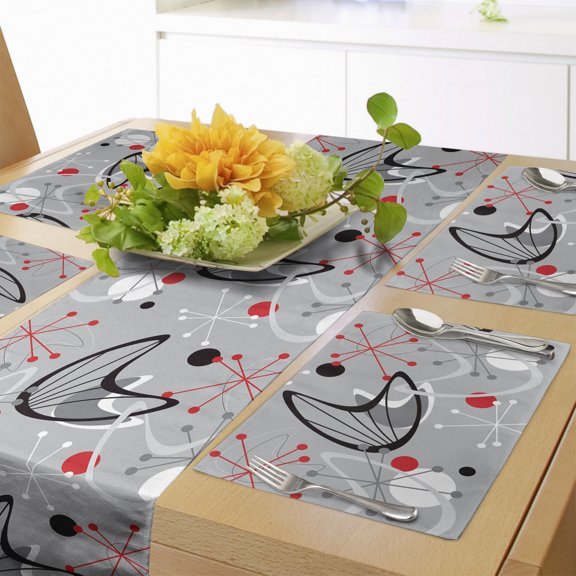 Ambesonne Mid Century Table Runner & Placemats, Atomic 50s Design, Placemat 4 pcs + Runner 12"x72", Black Grey and Red