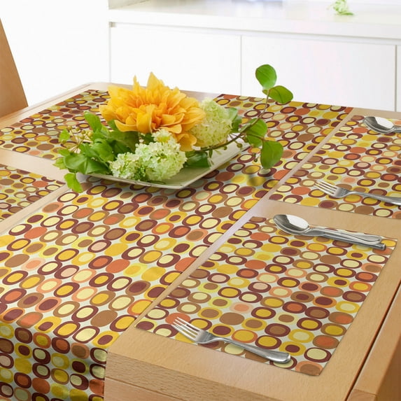 Ambesonne Mid Century Table Runner & Placemats, Design Retro Square, Placemat 4 pcs + Runner 12"x90", Brown Yellow Coral