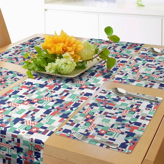 Ambesonne Mid Century Table Runner & Placemats, Pastel Funky Shapes, Placemat 4 pcs + Runner 16"x90", Dark Purple Dark Coral