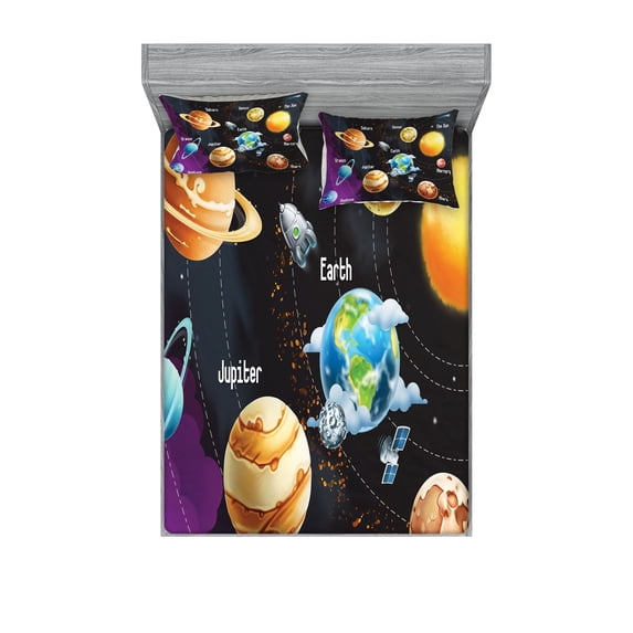Ambesonne Milky Way Fitted Sheet & Pillow Sham Set, Solar System Planet, Full, Multicolor