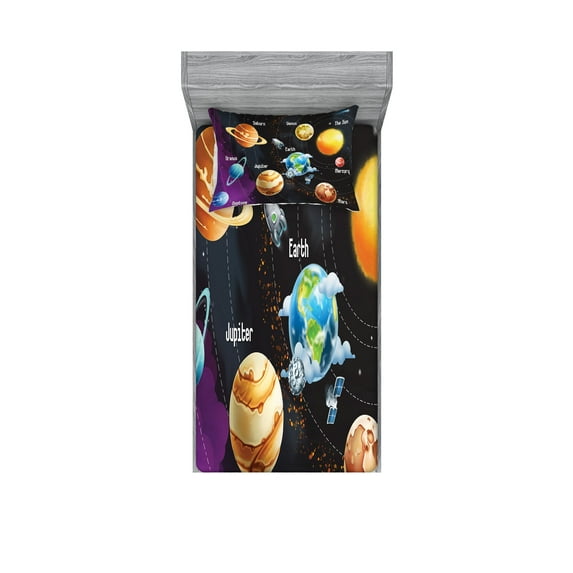 Ambesonne Milky Way Fitted Sheet & Pillow Sham Set, Solar System Planet, Twinxl, Multicolor
