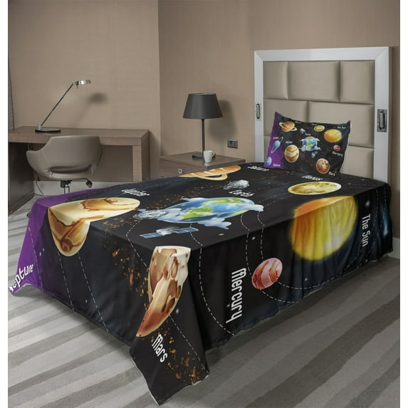 Ambesonne Milky Way Fitted & Top Sheet Set with Sham, Solar System Planet, Multicolor
