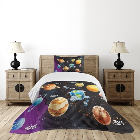 Ambesonne Milky Way Quilted Bedspread Set 2 Pcs, Solar System Planet, Twin Size, Multicolor