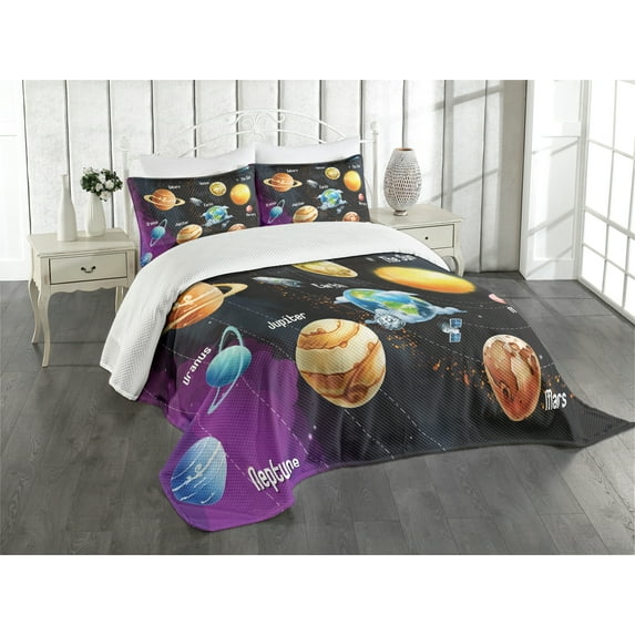 Ambesonne Milky Way Quilted Bedspread Set 3 Pcs, Solar System Planet, Queen Size, Multicolor