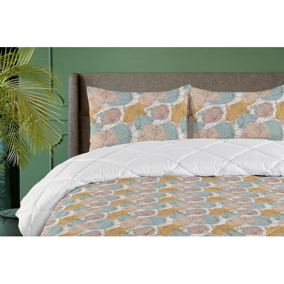 Ambesonne Minimal Down Alternative Quilt Comforter, Line Art Butterfly Print, Full, Pale Teal Mustard and Beige