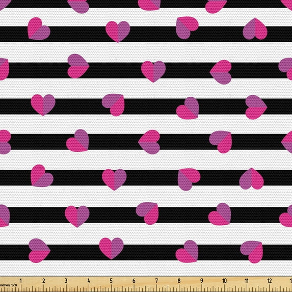 Ambesonne Minimal Fabric by the Yard Upholstery, Magenta Hearts on Stripes, 1 Yard, Magenta and Charcoal Grey