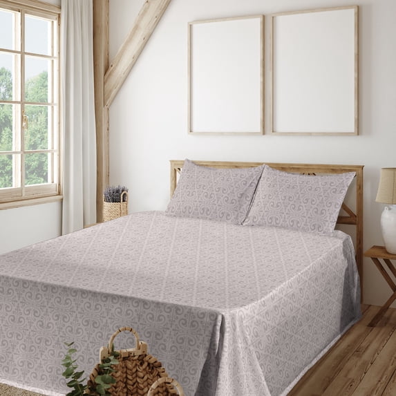Ambesonne Minimal Fitted & Flat Sheet with Shams 4 Pcs Set, Art Deco Neutral Floral, Full, Mauve and Grey Pink