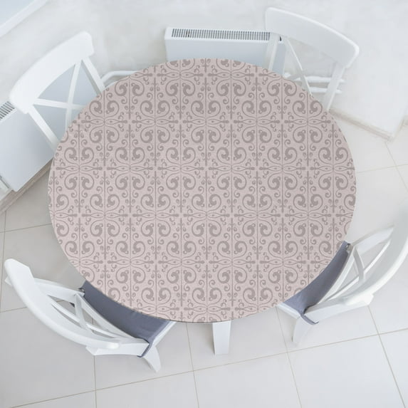 Ambesonne Minimal Fitted Round Tablecloth, Art Deco Neutral Floral, 45"- 56" Diameter, Mauve and Grey Pink