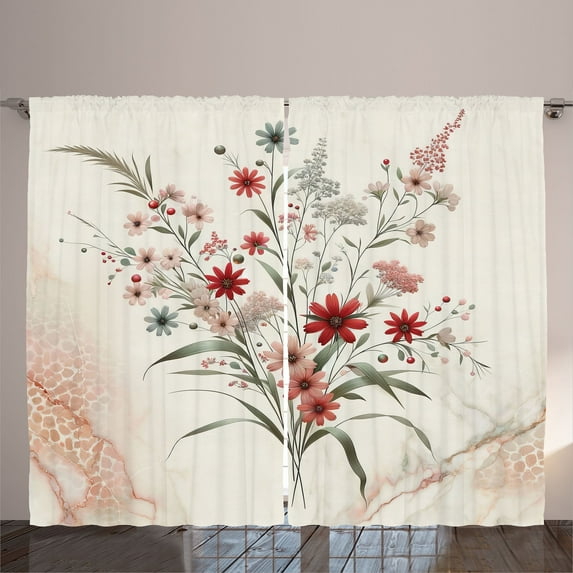 Ambesonne Minimal Flowers Curtains 2 Panel Set, Wildflowers Meadow, 108" x 63", Blush Ivory Sage Green
