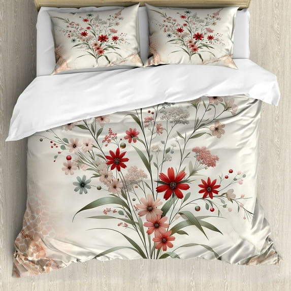 Ambesonne Minimal Flowers Duvet Cover Set, Wildflowers Meadow, King, Blush Ivory Sage Green