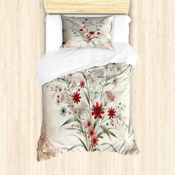 Ambesonne Minimal Flowers Duvet Cover Set, Wildflowers Meadow, Twin, Blush Ivory Sage Green