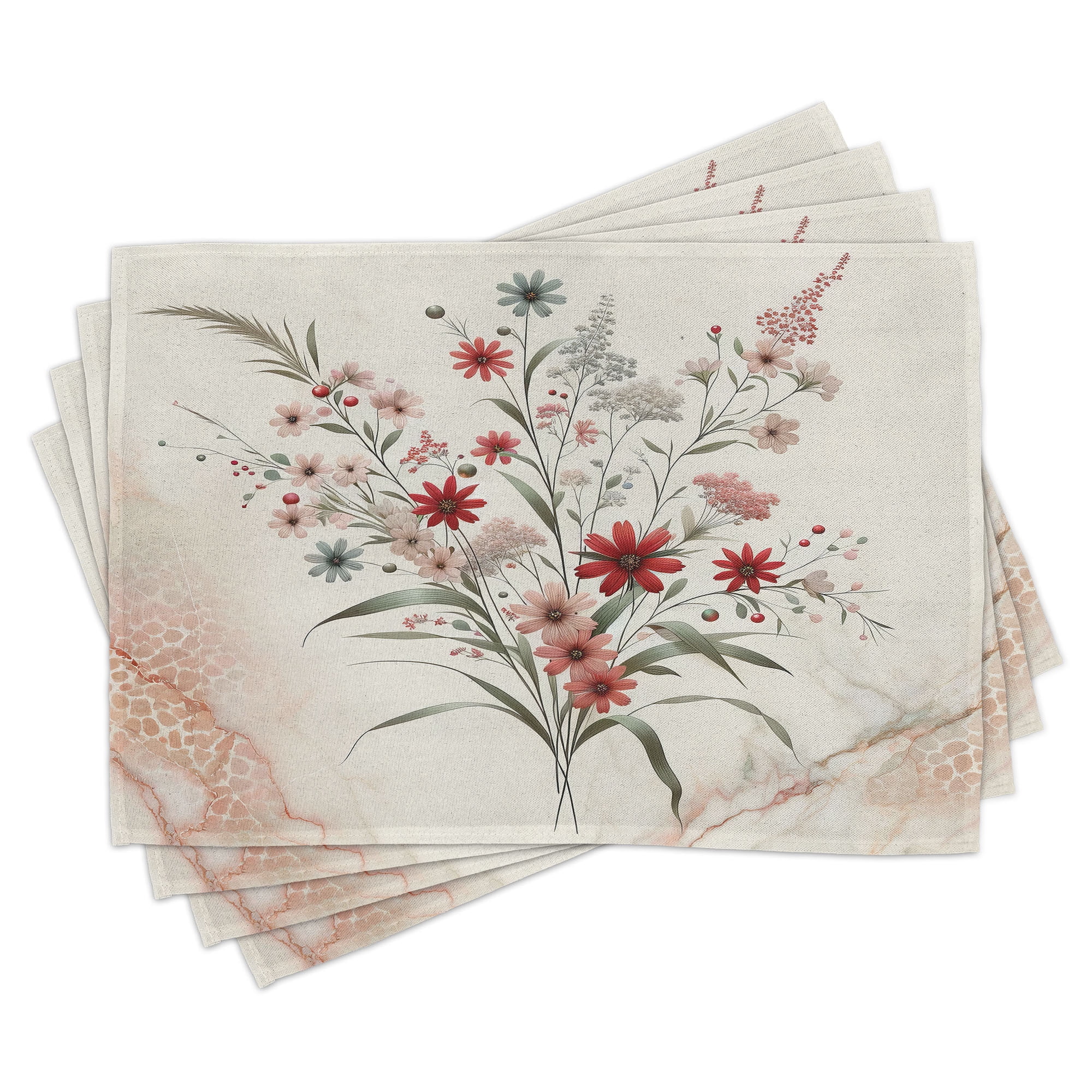 Blush Ivory Sage Green Floral Polyester Rectangle Placemats Set of 4