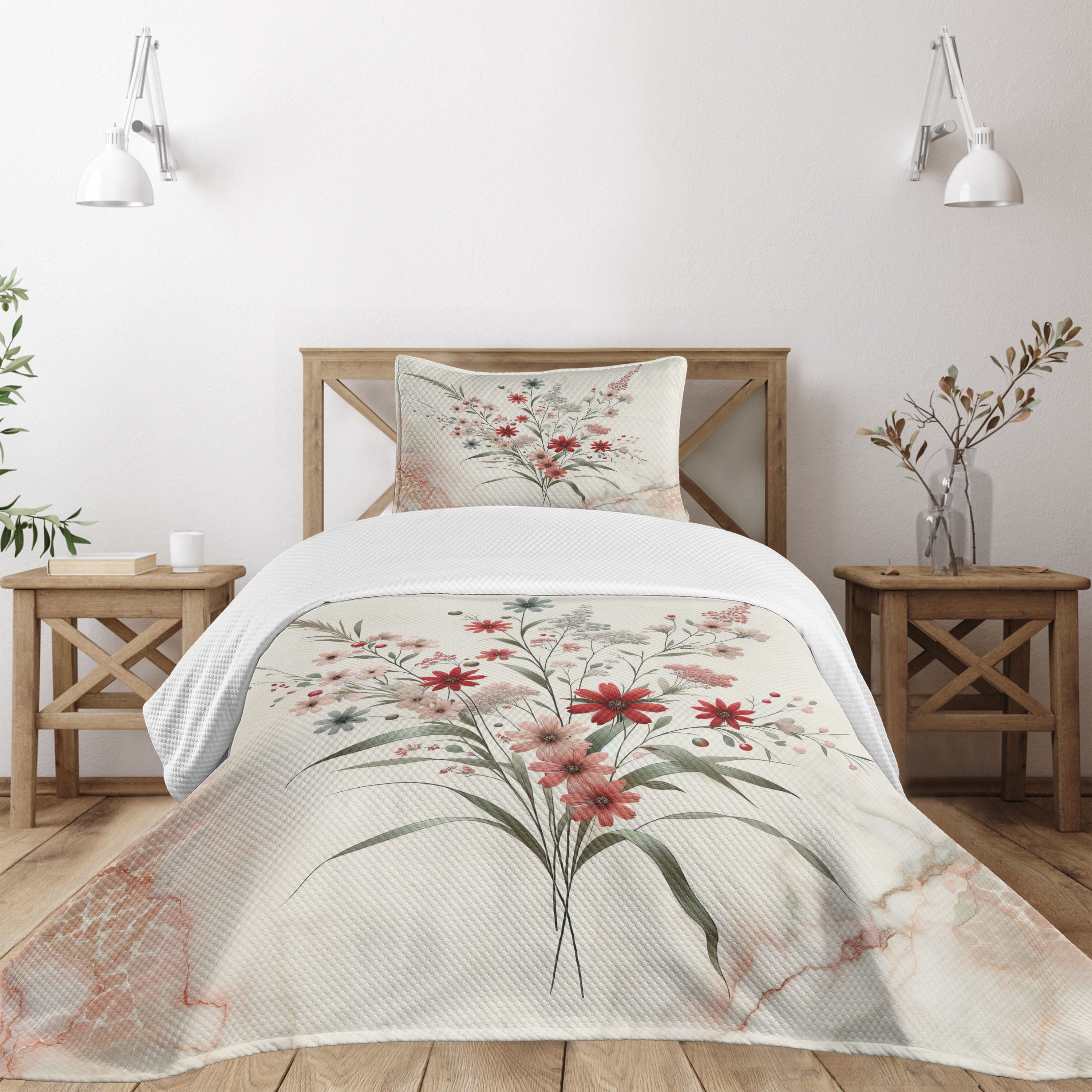 Twin Blue Floral Polyester Bedspread Set