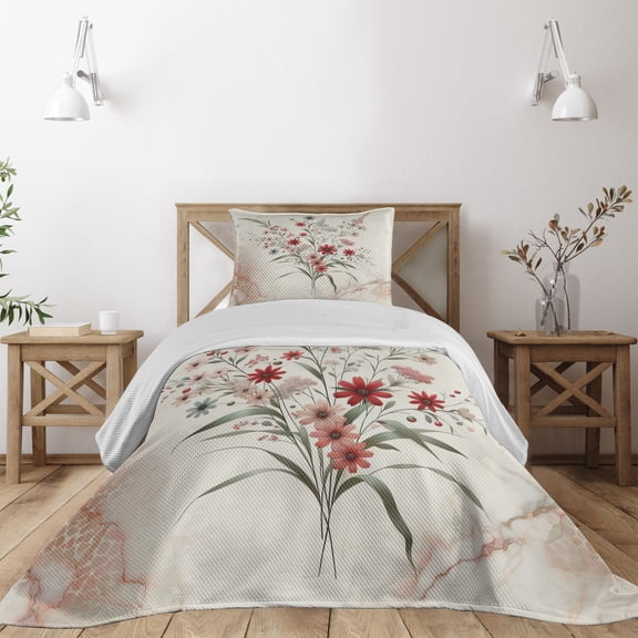 Ambesonne Minimal Flowers Quilted Coverlet 2 Pcs, Wildflowers Meadow, Twin Size, Blush Ivory Sage Green