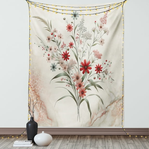 Ambesonne Minimal Flowers Tapestry Wall Hanging, Wildflowers Meadow, 40"x60", Blush Ivory Sage Green