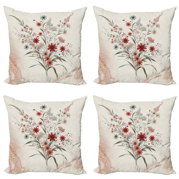 Ambesonne Minimal Flowers Throw Pillow Cover 4 Pack, Wildflowers Meadow, 16", Blush Ivory Sage Green