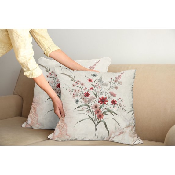 Ambesonne Minimal Flowers Throw Pillow Cover Pack of 2, Wildflowers Meadow, 2 Pcs-16"x16", Blush Ivory Sage Green