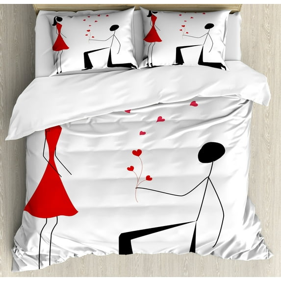 Ambesonne Minimalist Duvet Cover Sets, Couple with Hearts, 2-King, Black White and Red