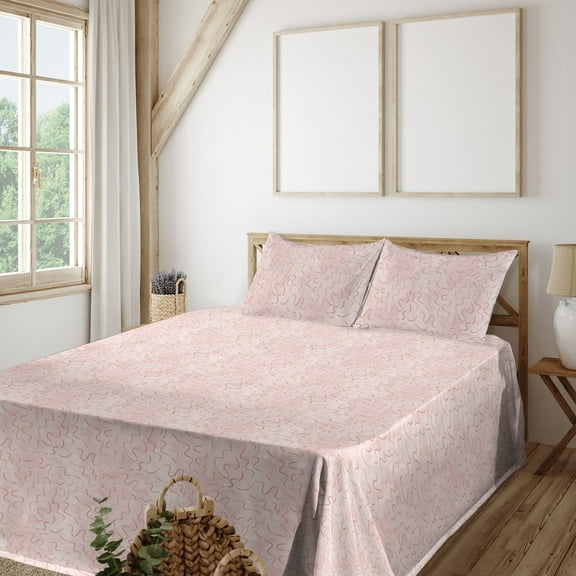 Ambesonne Minimalist Fitted & Flat Sheet with Shams 4 Pcs Set, Pastel Art Swirly Lines, King, Blush Dried Rose