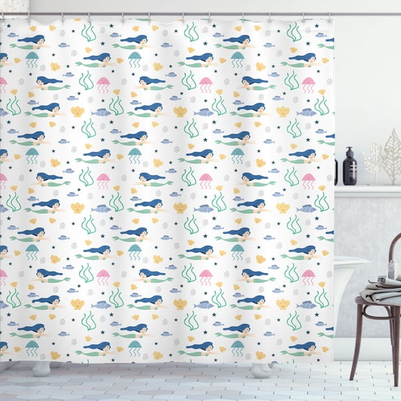 Ambesonne Minimalist Shower Curtain, Mermaids and Jellyfishes, 69"Wx84"L, Multicolor