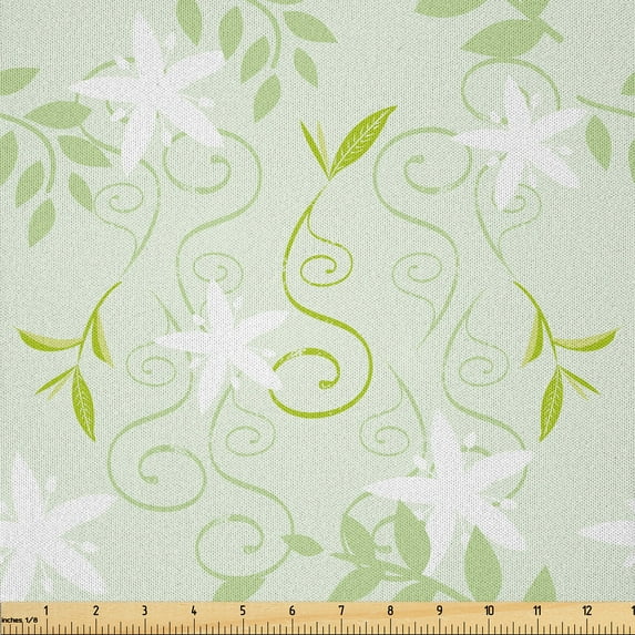Ambesonne Mint Fabric by the Yard Microfiber, Swirls Floral Branches, 3 Yards, Fern Green White