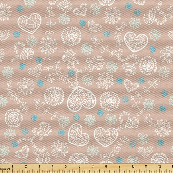 Ambesonne Mint Fabric by the Yard Upholstery, Floral Drawing with Hearts, 1 Yard, Blush Sky Blue White