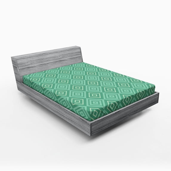Ambesonne Mint Fitted Sheet, Nested Squares Pattern, Queen Size, White Almond Green Mint
