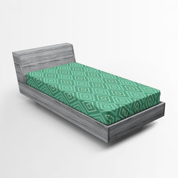 Ambesonne Mint Fitted Sheet, Nested Squares Pattern, Twin Size, White Almond Green Mint