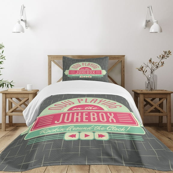Ambesonne Mint Green Quilted Bedspread Set 2 Pcs, Retro 50s Music Box, Twin Size, Mint Green Hot Pink