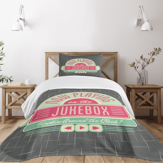 Ambesonne Mint Green Quilted Bedspread Set 2 Pcs, Retro 50s Music Box, Twin Size, Mint Green Hot Pink