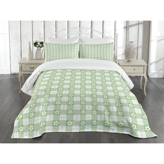 Ambesonne Mint Green Quilted Bedspread Set 3 Pcs, Daisy Flower Petals, King Size, Mint Green