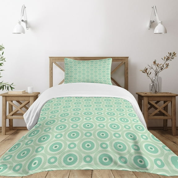 Ambesonne Mint Quilted Bedspread Set 2 Pcs, Circles Vintage Pastel, Twin Size, Mint and Pale Green