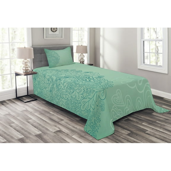 Ambesonne Mint Quilted Bedspread Set 2 Pcs, Mixed Leaves Botanical, Twin Size, Teal Turquoise