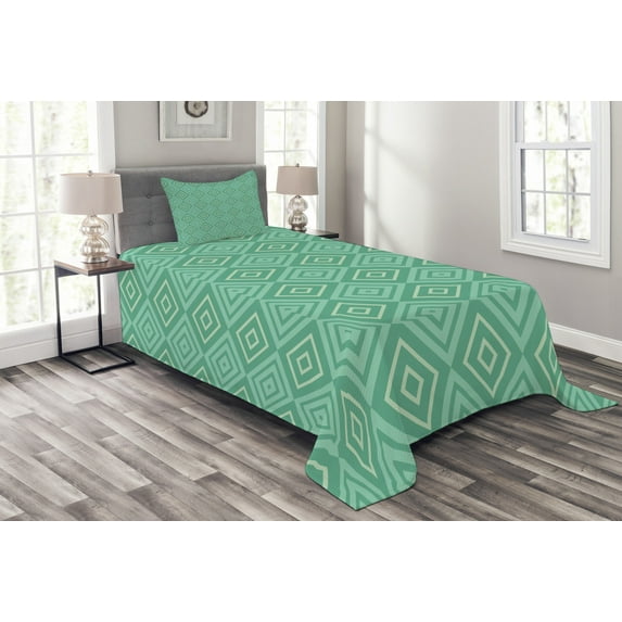 Ambesonne Mint Quilted Bedspread Set 2 Pcs, Nested Squares Pattern, Twin Size, White Almond Green Mint