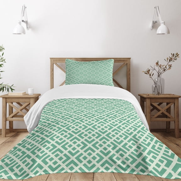 Ambesonne Mint Quilted Bedspread Set 2 Pcs, Shabby Abstract Squares, Twin Size, Jade and Almond Green