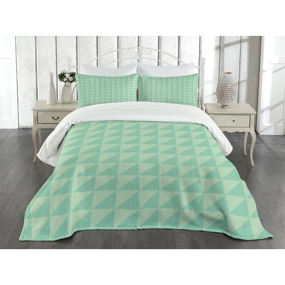 Ambesonne Mint Quilted Bedspread Set 3 Pcs, Half Squares Triangles, Queen Size, Mint and Almond Green