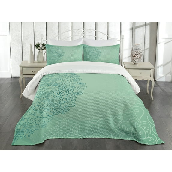 Ambesonne Mint Quilted Bedspread Set 3 Pcs, Mixed Leaves Botanical, King Size, Teal Turquoise