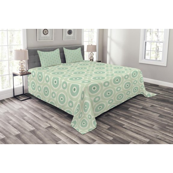 Ambesonne Mint Quilted Bedspread Set 3 Pcs, Retro Circles Geometric, King Size, Seafoam Almond Green