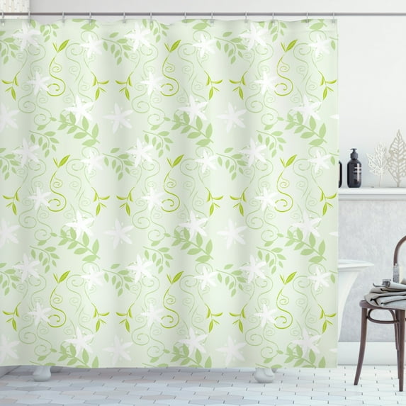 Ambesonne Mint Shower Curtain, Swirls Floral Branches, 69"Wx84"L, Fern Green White